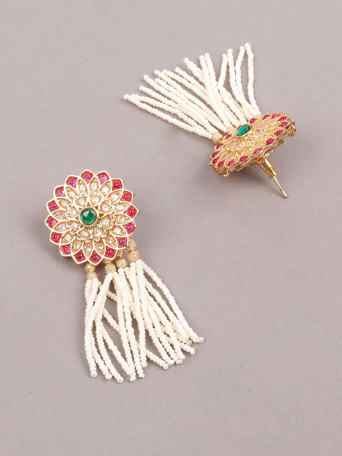 Long White Pearl Necklace Set with Floral Details for Women - Rajwada