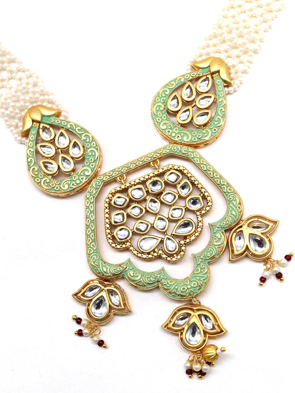 Lovely classical semiprecious kundan &amp; pearl green necklace with earrings! - Rajwada