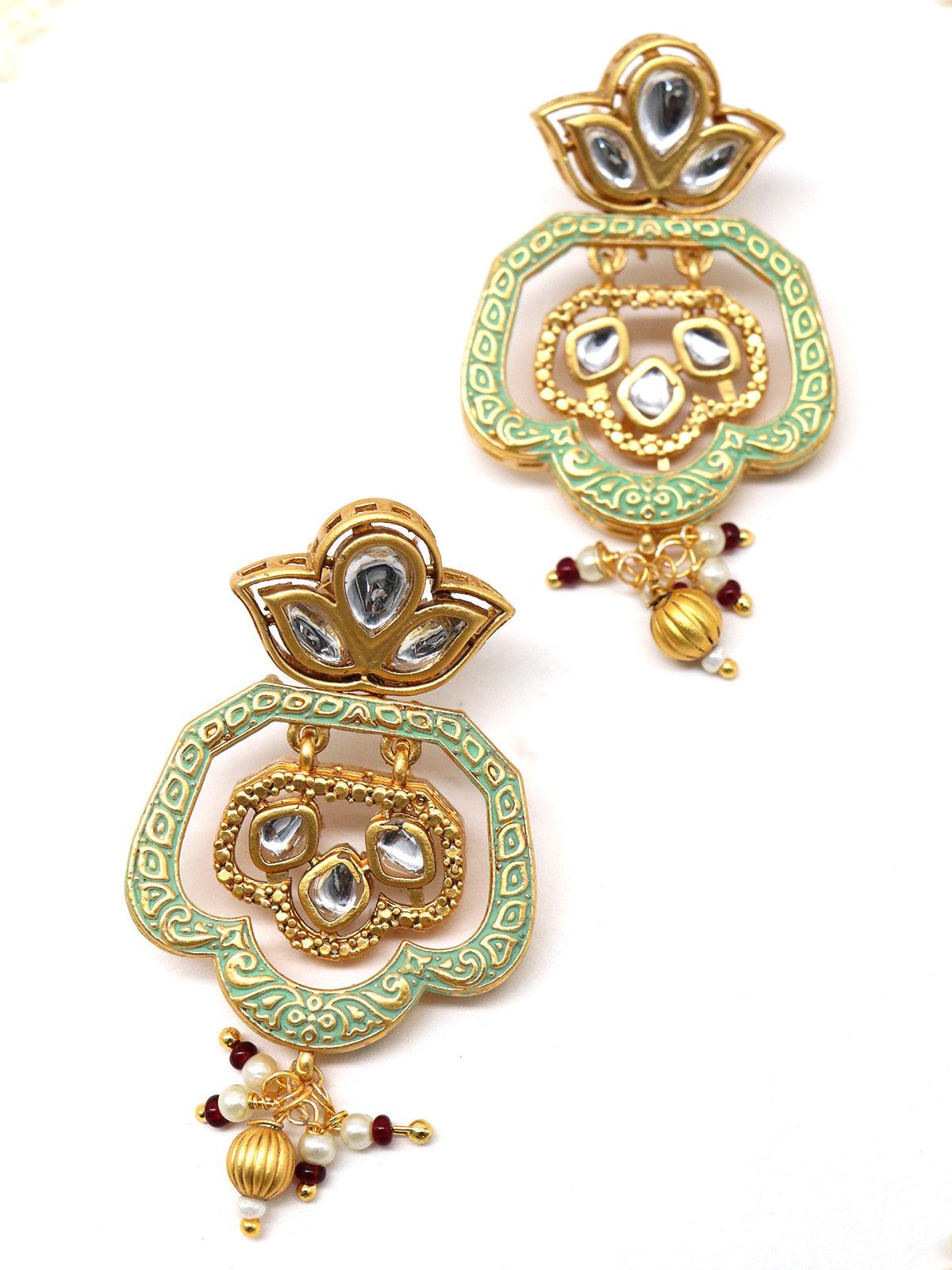 Lovely classical semiprecious kundan &amp; pearl green necklace with earrings! - Rajwada