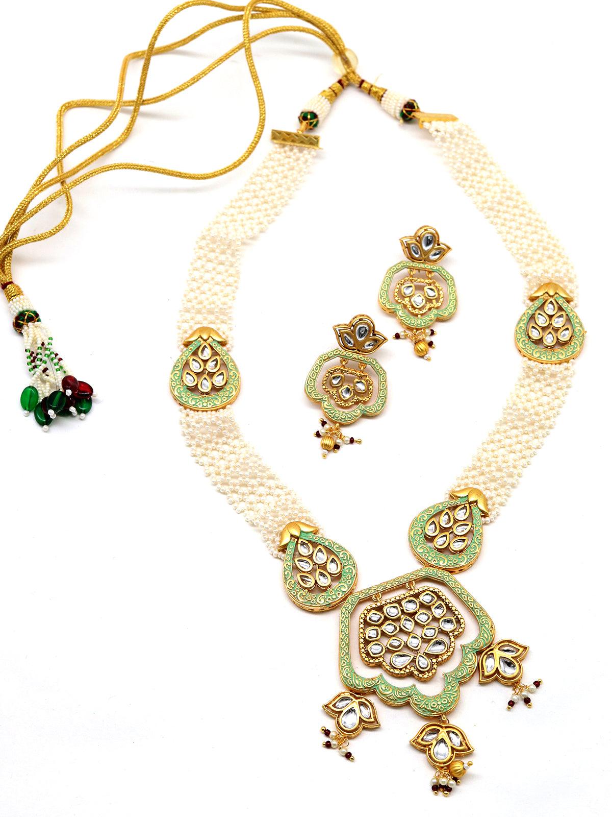 Lovely classical semiprecious kundan &amp; pearl green necklace with earrings! - Rajwada