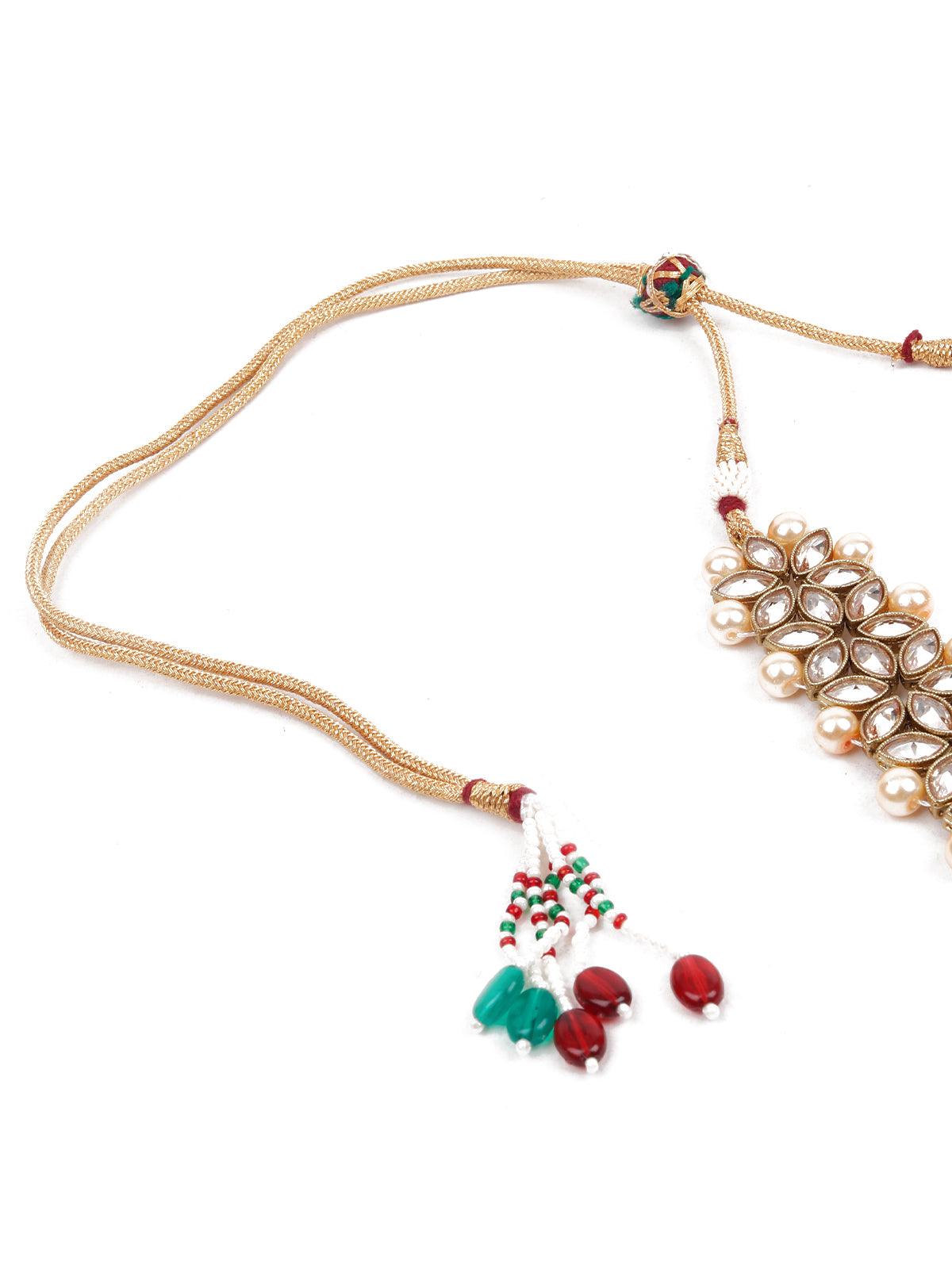 LOVELY GOLD AND RED LONG NECK PIECE - Rajwada
