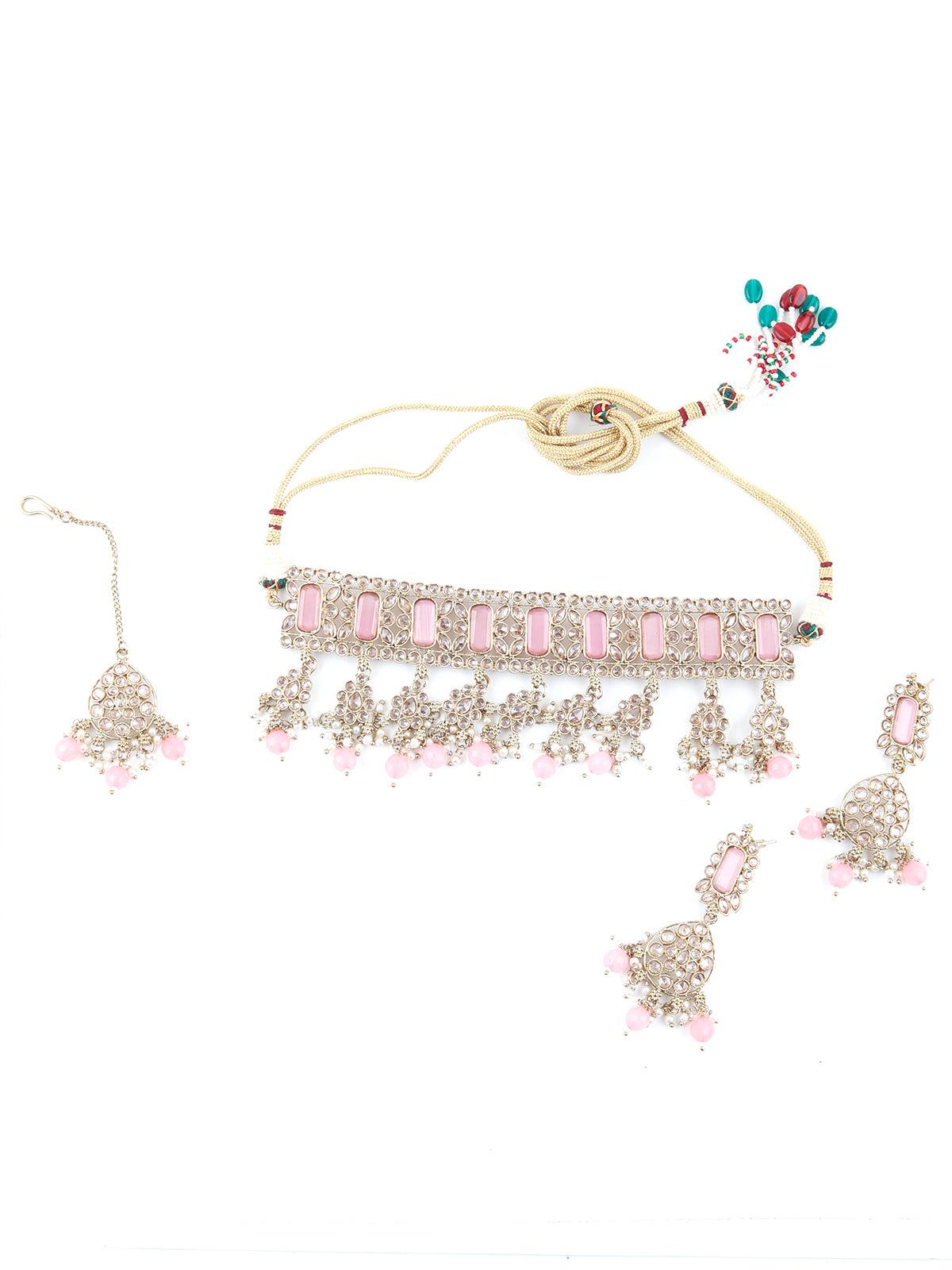 Lovely Rose Quartz Kundan Style Choker Necklace Set - Rajwada