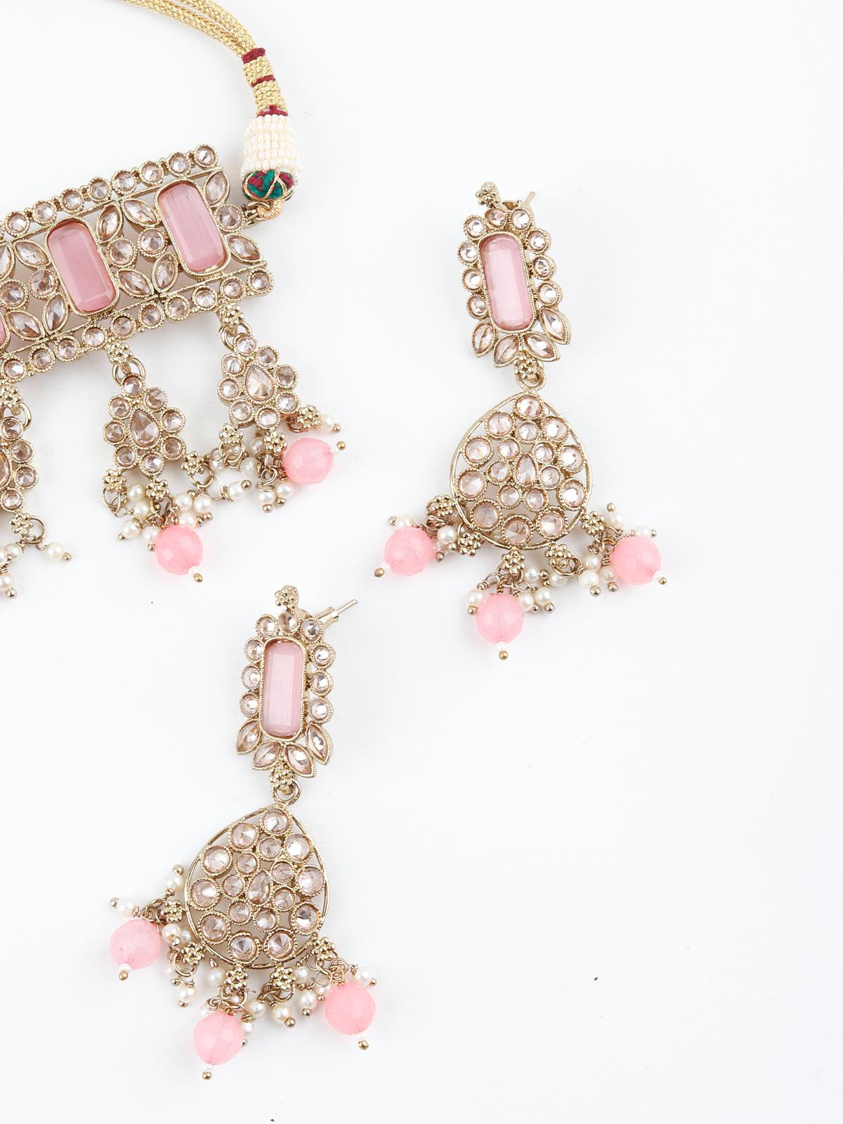 Lovely Rose Quartz Kundan Style Choker Necklace Set - Rajwada