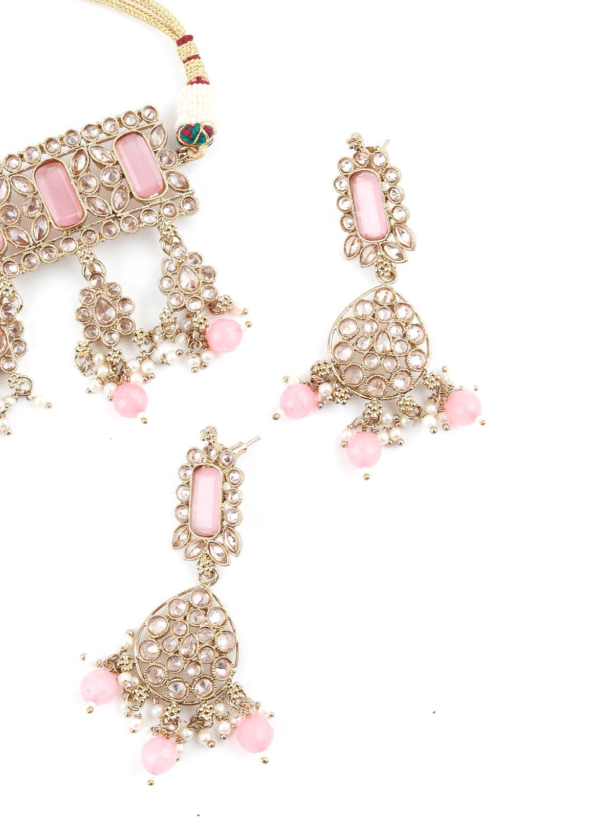 Lovely Rose Quartz Kundan Style Choker Necklace Set - Rajwada