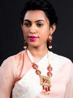 Lush Pink Stone Red Enamelled Enticing Onyx-Kundan Necklace Set - Rajwada