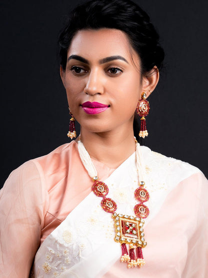 Lush Pink Stone Red Enamelled Enticing Onyx-Kundan Necklace Set - Rajwada