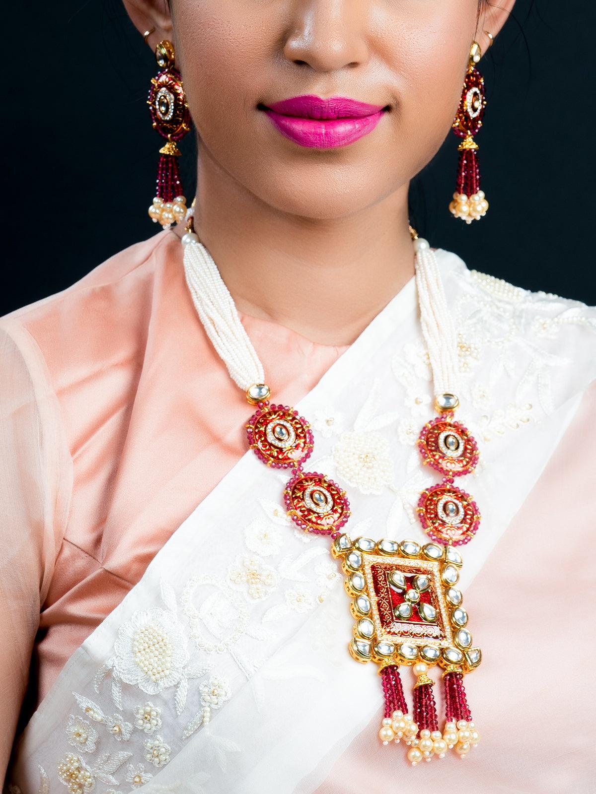 Lush Pink Stone Red Enamelled Enticing Onyx-Kundan Necklace Set - Rajwada