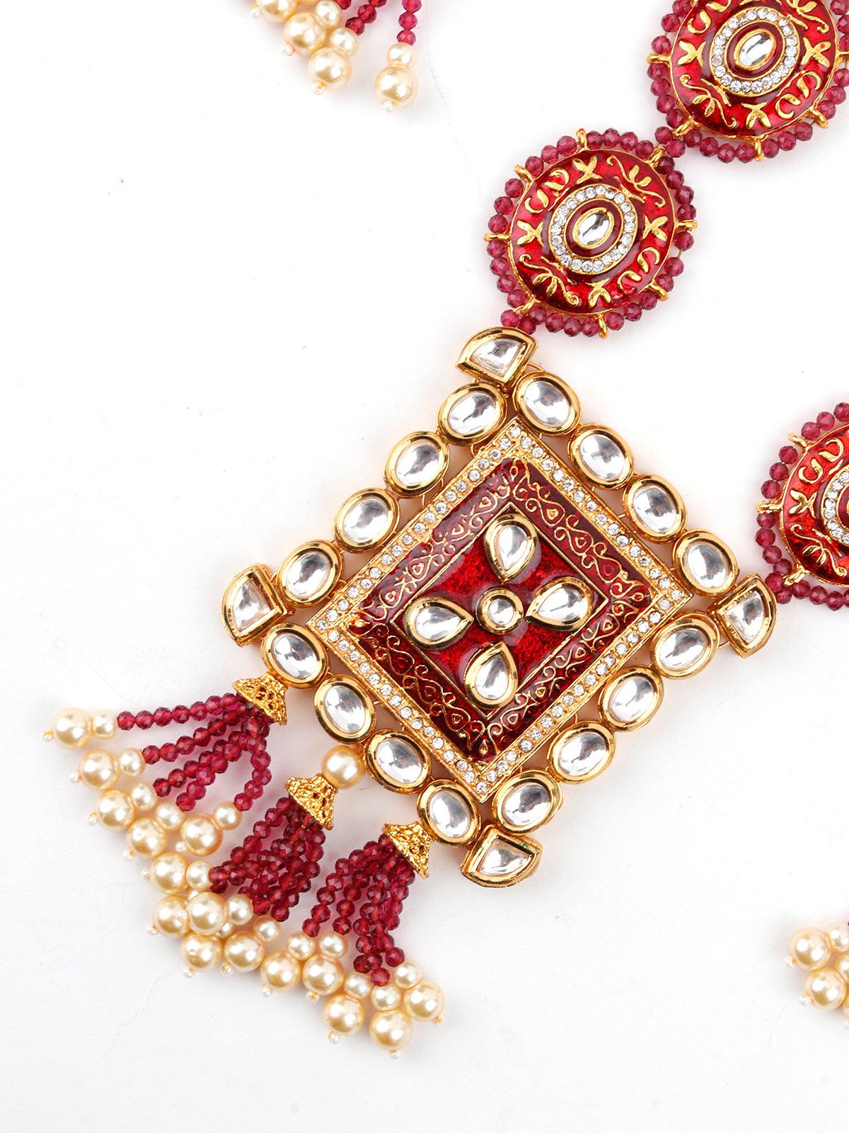 Lush Pink Stone Red Enamelled Enticing Onyx-Kundan Necklace Set - Rajwada