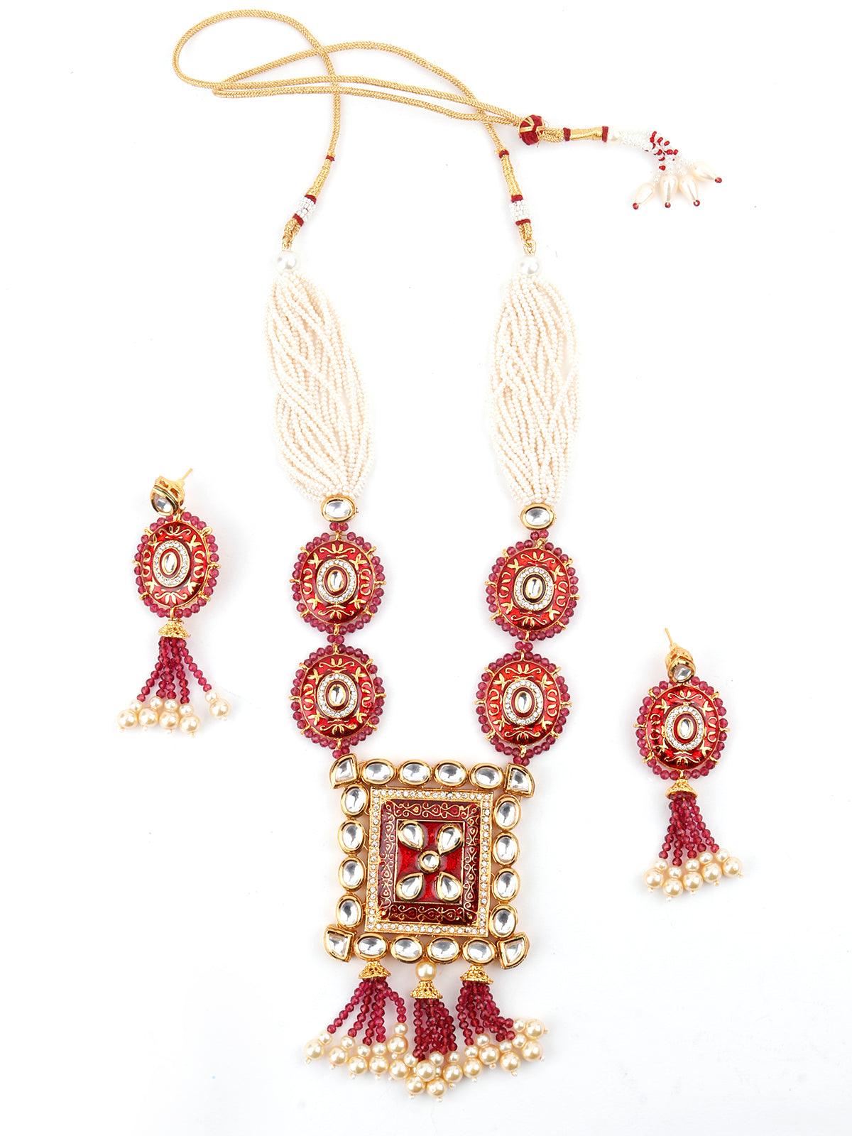 Lush Pink Stone Red Enamelled Enticing Onyx-Kundan Necklace Set - Rajwada