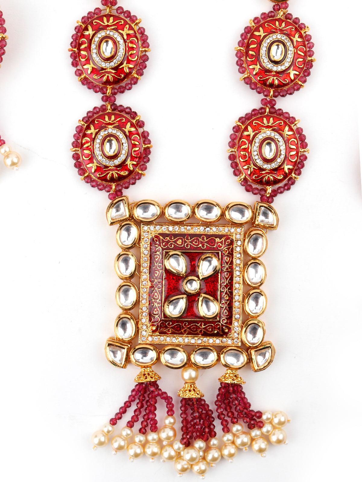 Lush Pink Stone Red Enamelled Enticing Onyx-Kundan Necklace Set - Rajwada