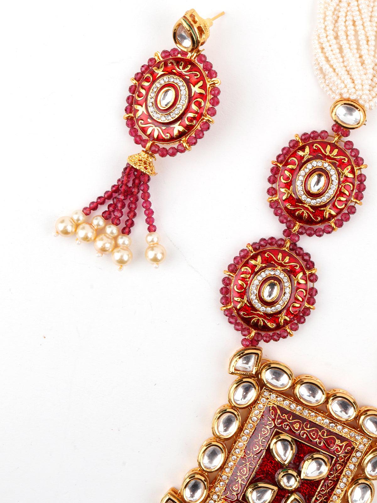 Lush Pink Stone Red Enamelled Enticing Onyx-Kundan Necklace Set - Rajwada