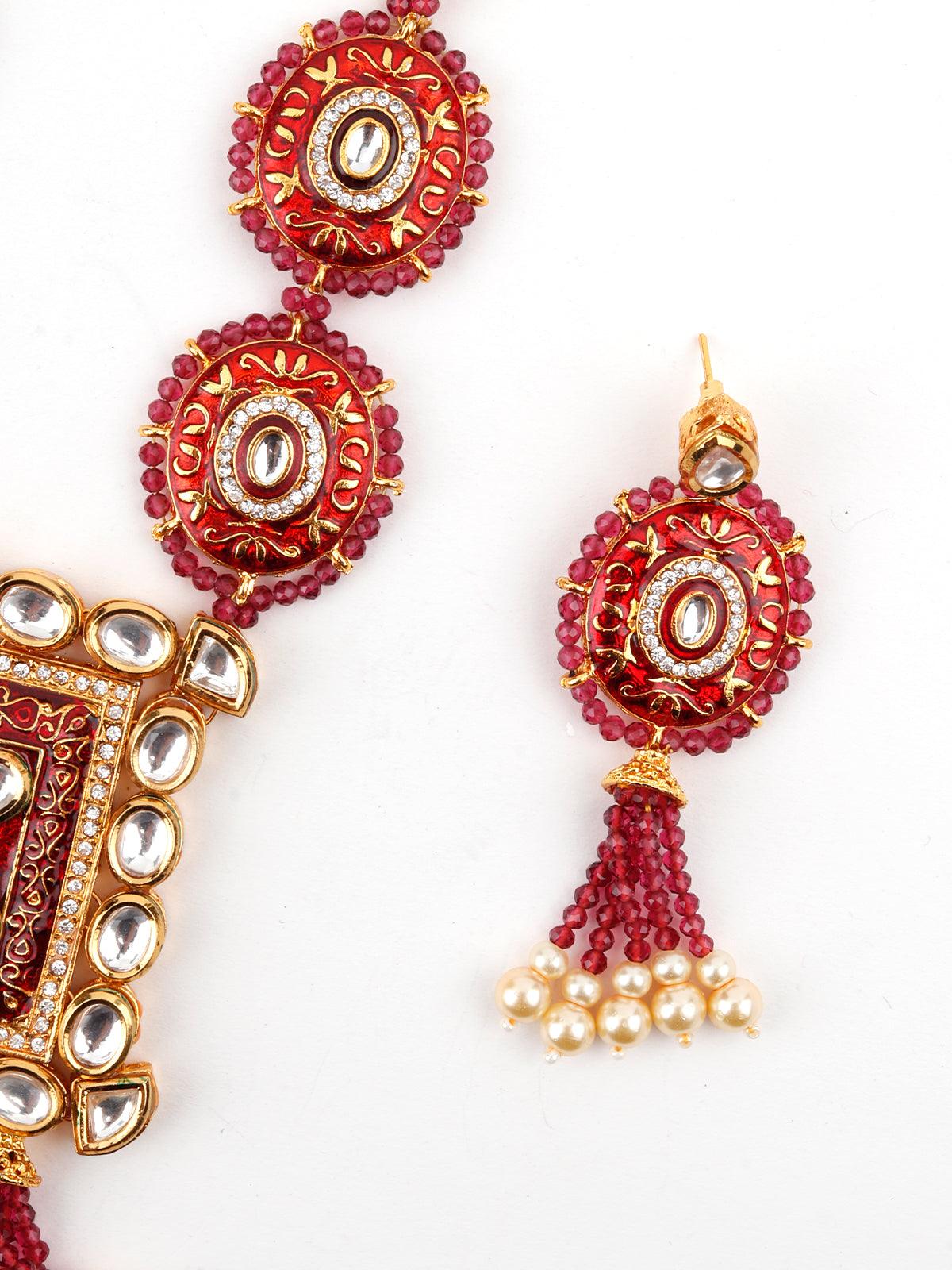 Lush Pink Stone Red Enamelled Enticing Onyx-Kundan Necklace Set - Rajwada