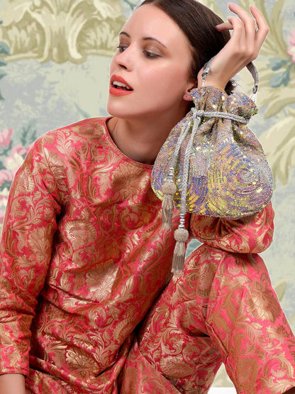 Lustrous silver acrylic potli handbag! - Rajwada