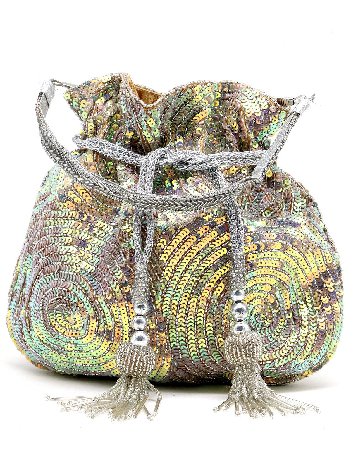 Lustrous silver acrylic potli handbag! - Rajwada