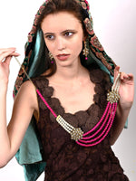 Magenta pink and regular faux pearl necklace with earrings! - Rajwada