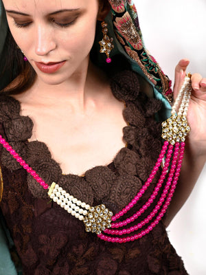 Magenta pink and regular faux pearl necklace with earrings! - Rajwada