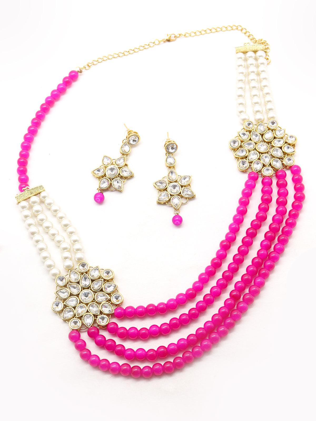 Magenta pink and regular faux pearl necklace with earrings! - Rajwada