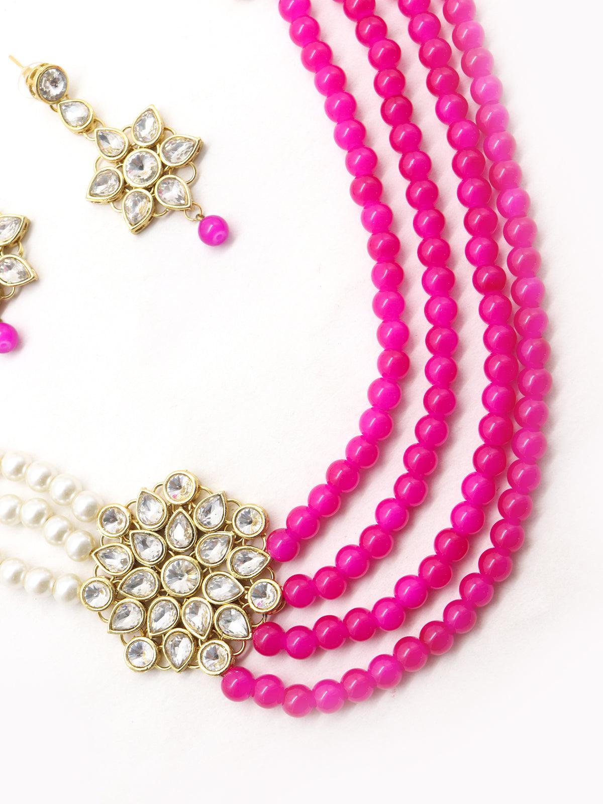 Magenta pink and regular faux pearl necklace with earrings! - Rajwada