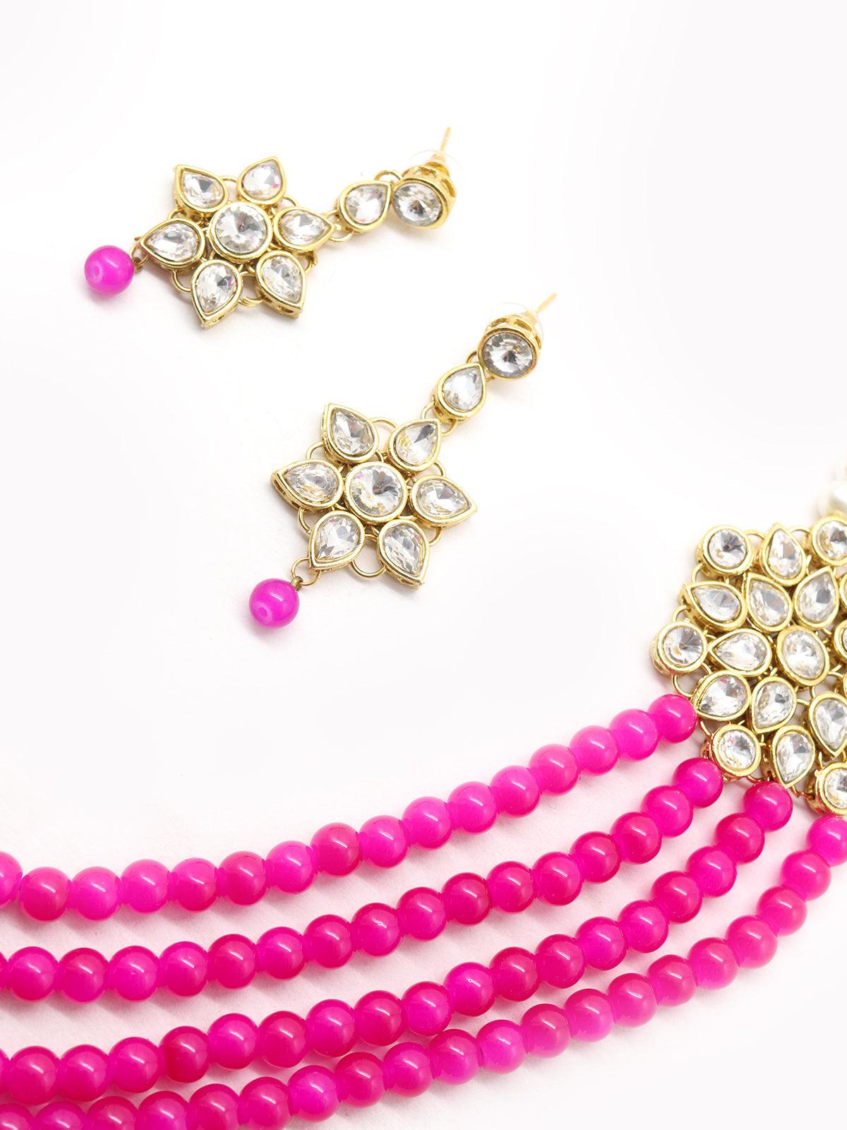 Magenta pink and regular faux pearl necklace with earrings! - Rajwada