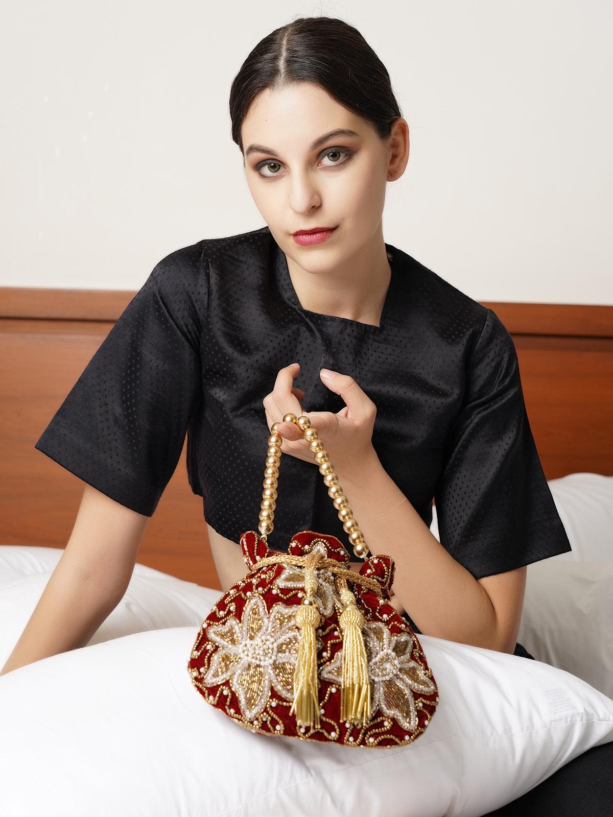 Maroon and Golden Beaded Potli Handbag! - Odette