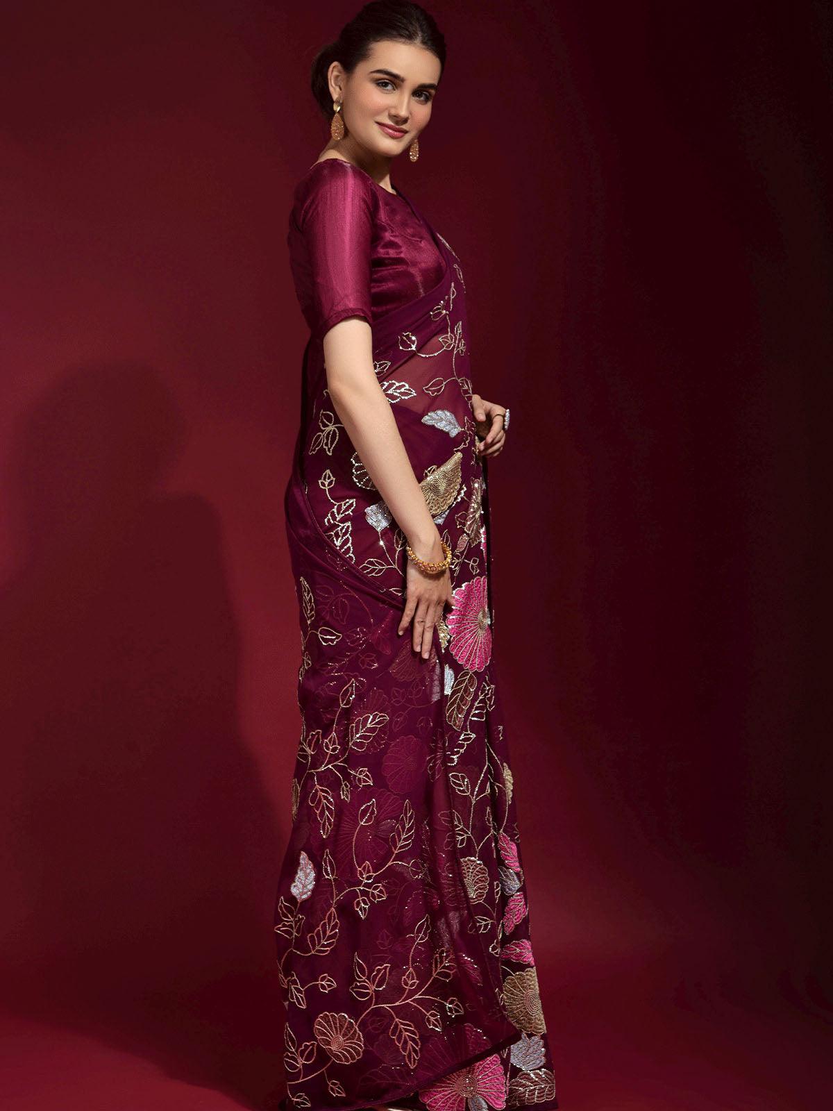 Maroon Embroidered Banglori Silk Saree - Rajwada