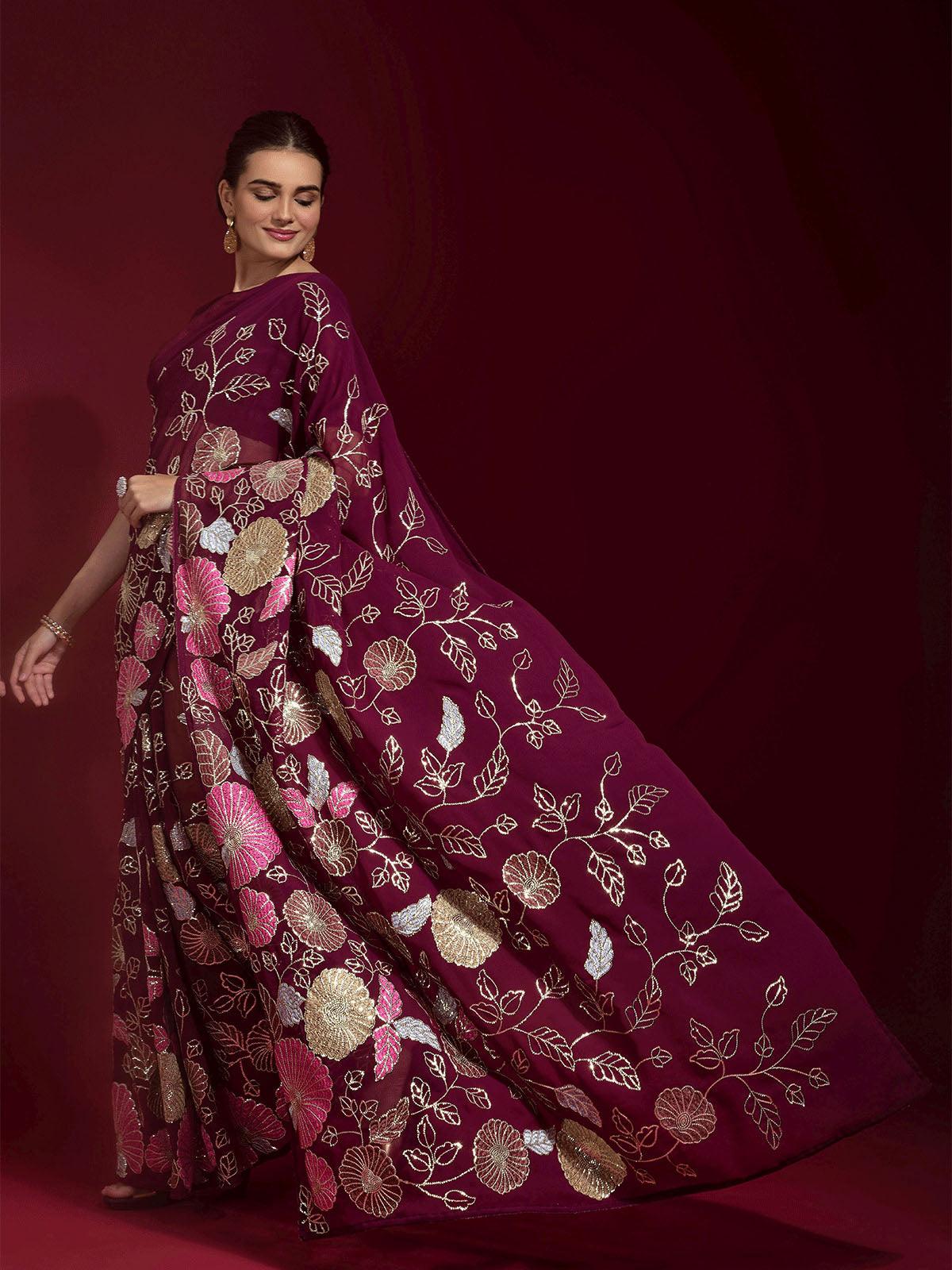 Maroon Embroidered Banglori Silk Saree - Rajwada