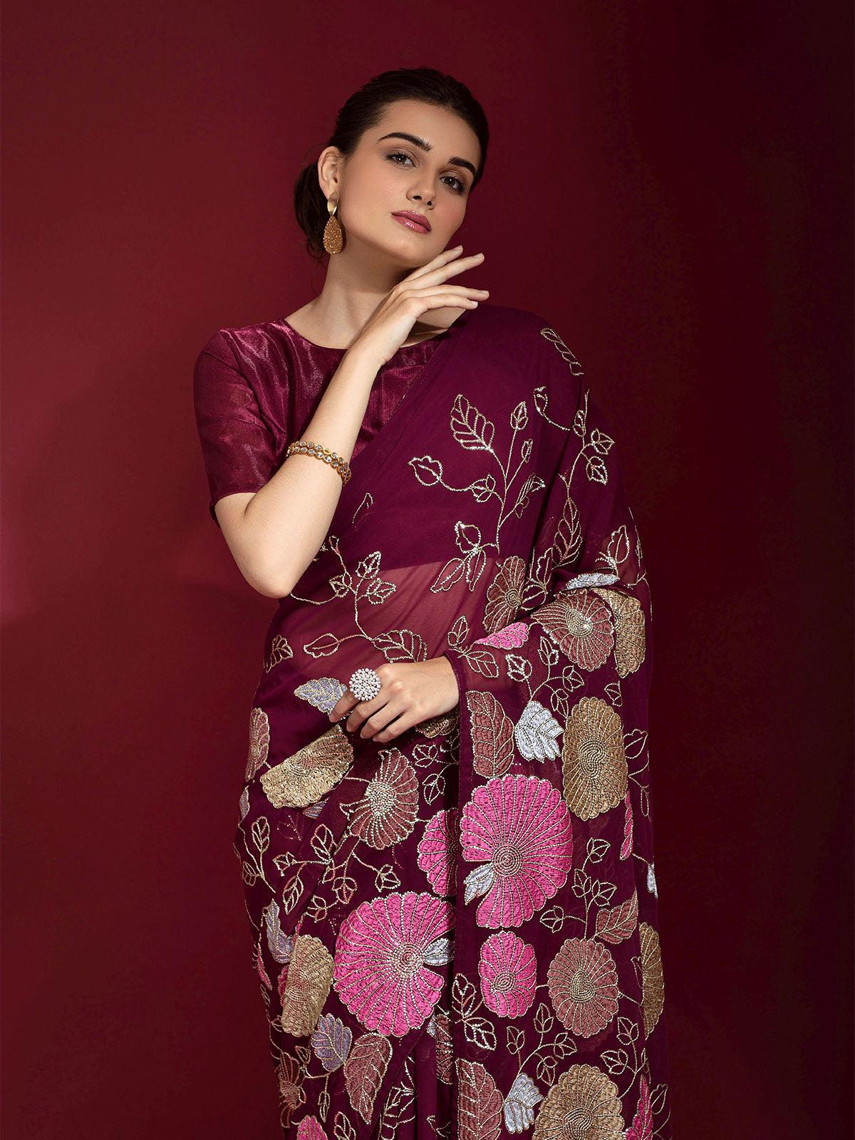 Maroon Embroidered Banglori Silk Saree - Rajwada