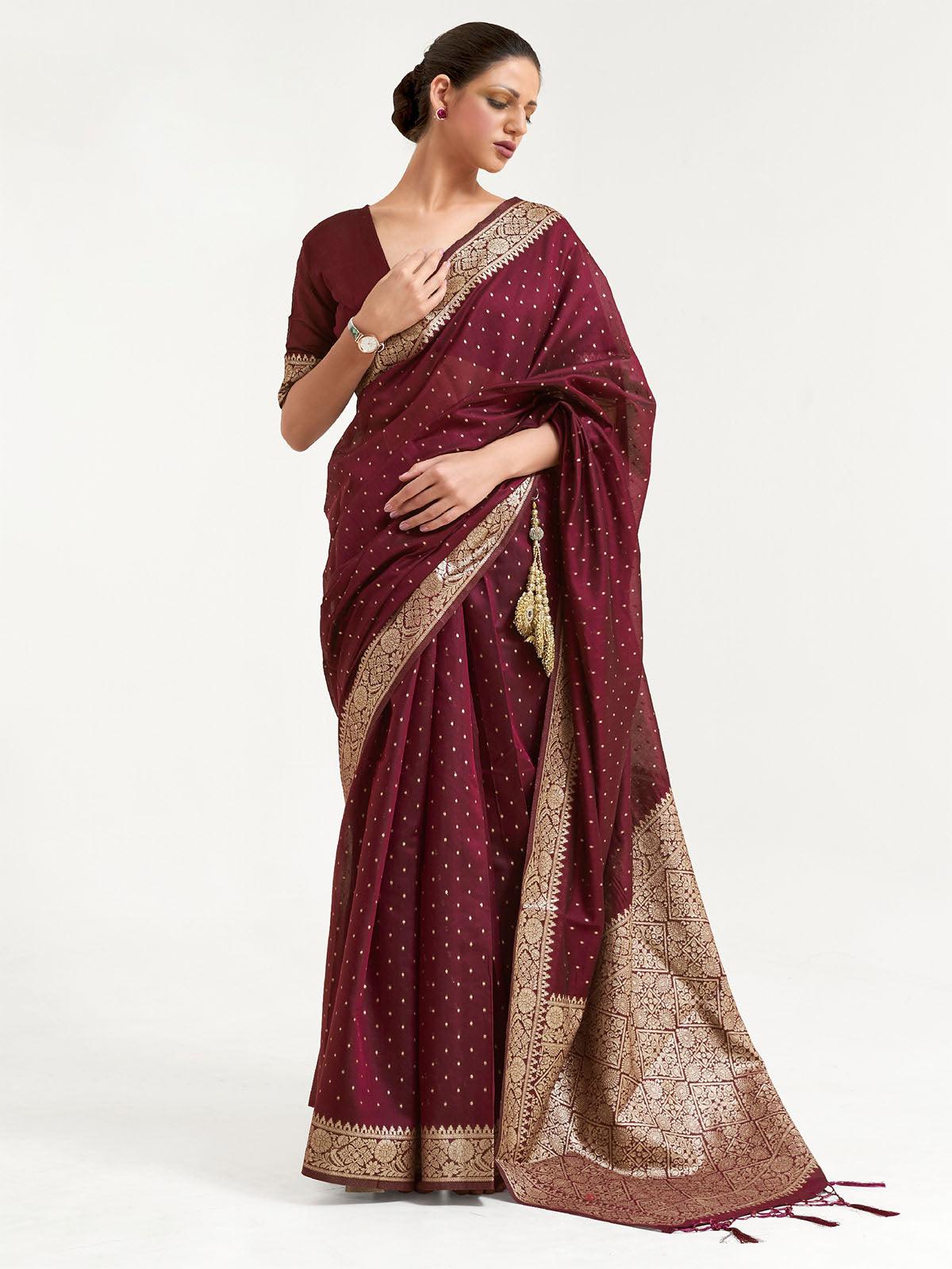 Maroon Festive Silk Blend Woven Design Saree With Unstitched Blouse - Rajwada