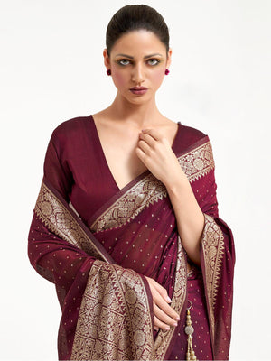 Maroon Festive Silk Blend Woven Design Saree With Unstitched Blouse - Rajwada