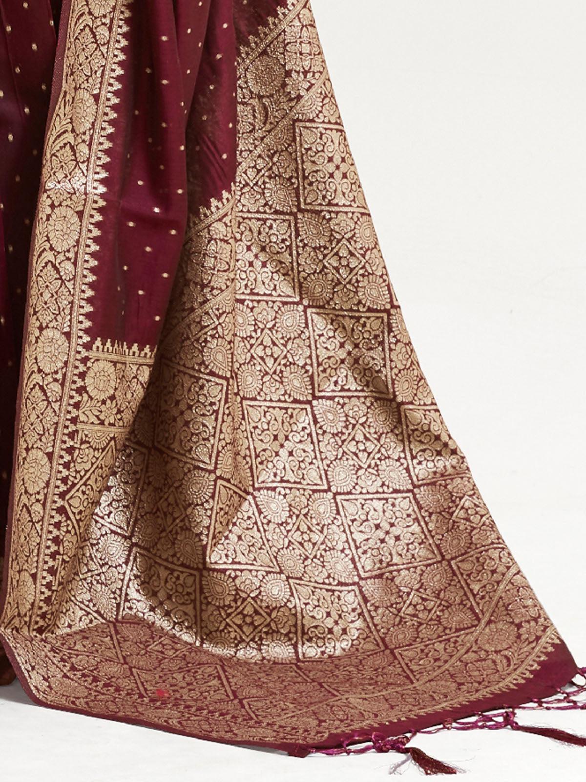 Maroon Festive Silk Blend Woven Design Saree With Unstitched Blouse - Rajwada