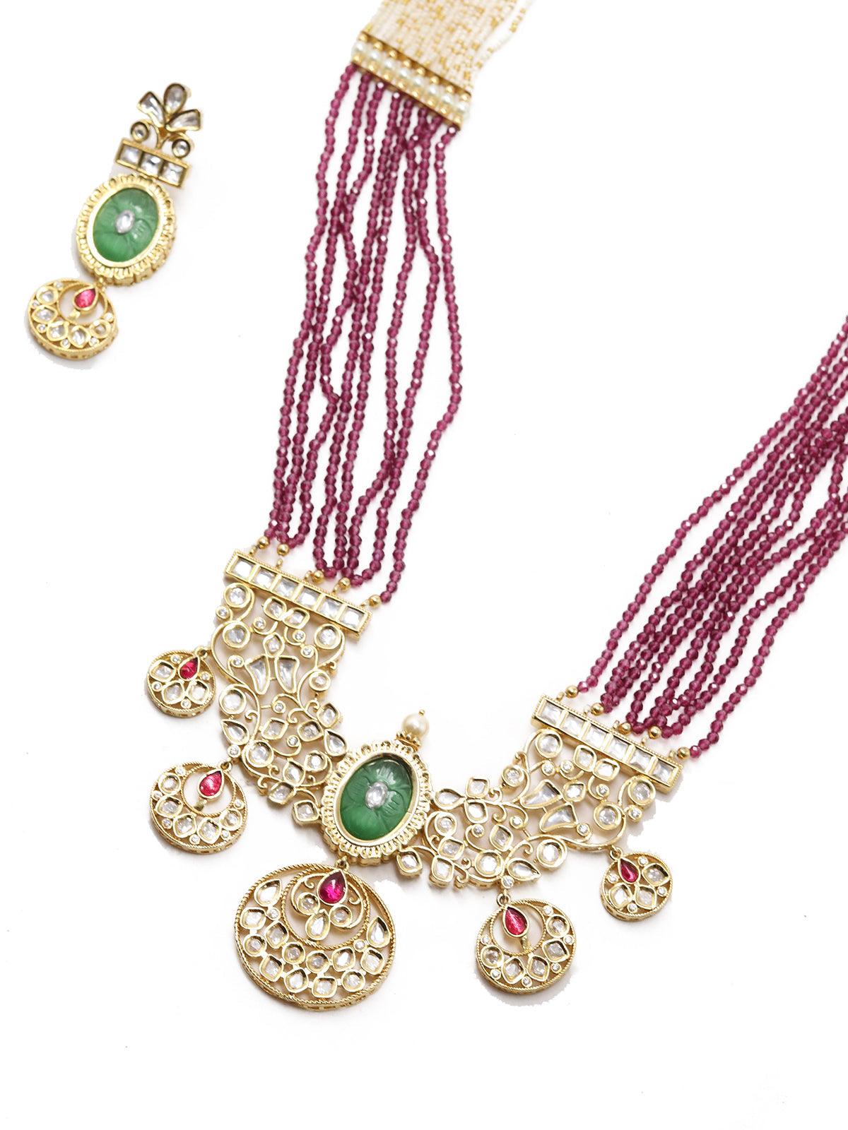 Maroon Long Magical Onyx  Kundan Necklace Set - Rajwada