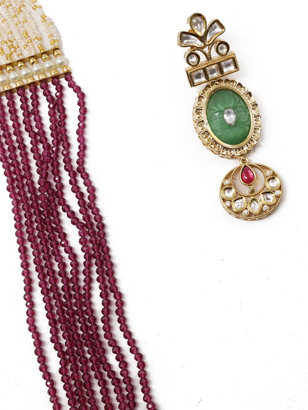 Maroon Long Magical Onyx  Kundan Necklace Set - Rajwada