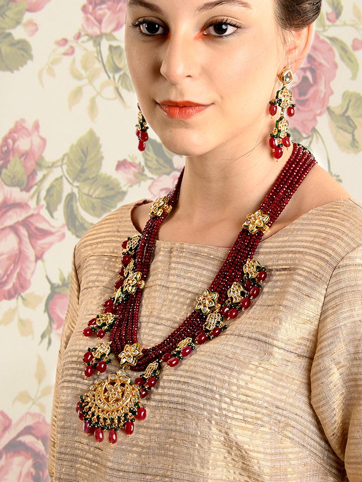 Maroon Multistring Onyx-Mani-Kundan Necklace Set! - Rajwada