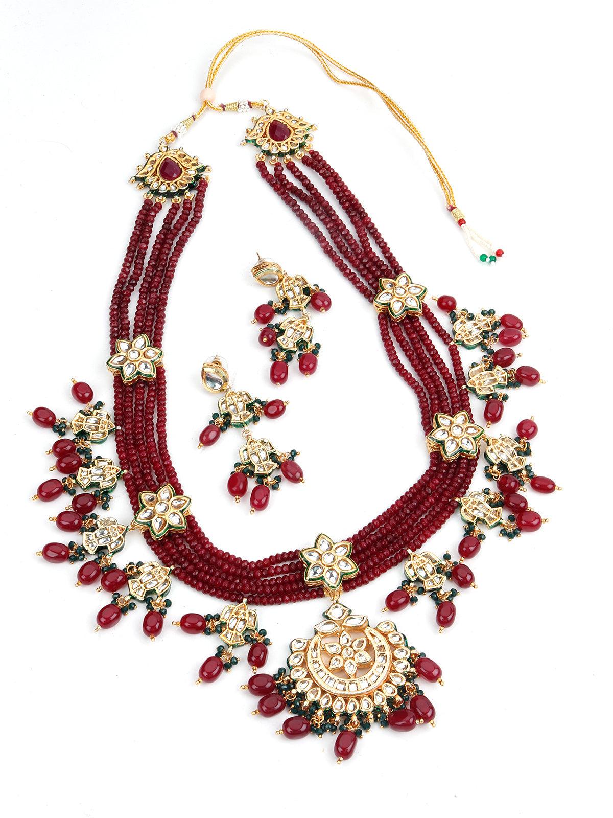 Maroon Multistring Onyx-Mani-Kundan Necklace Set! - Rajwada