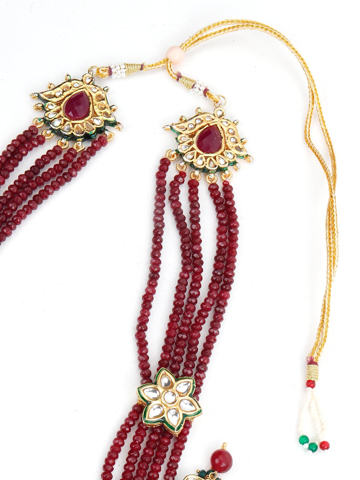 Maroon Multistring Onyx-Mani-Kundan Necklace Set! - Rajwada