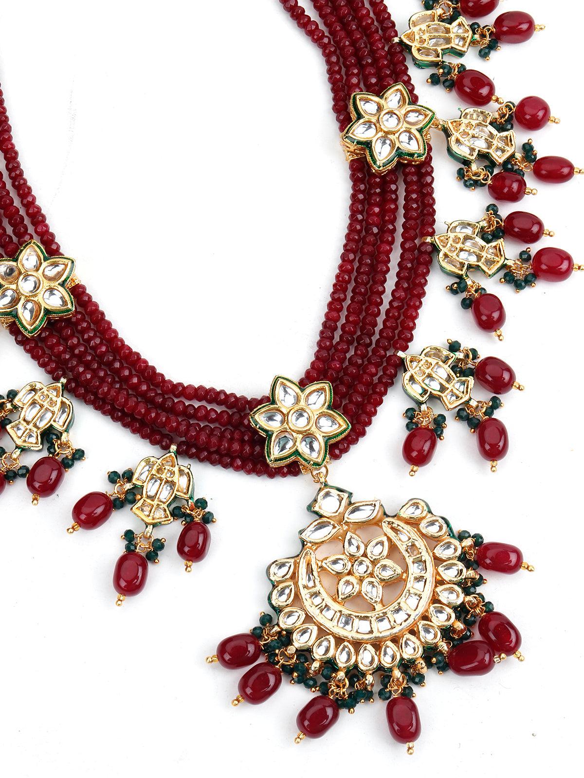 Maroon Multistring Onyx-Mani-Kundan Necklace Set! - Rajwada