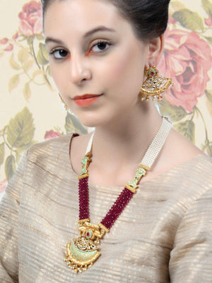 Maroon Onyx and White Pearl Necklace Set - Rajwada