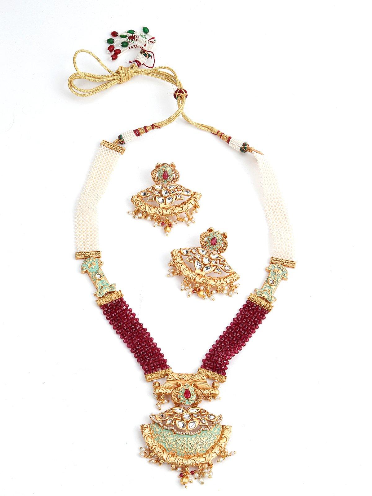 Maroon Onyx and White Pearl Necklace Set - Rajwada