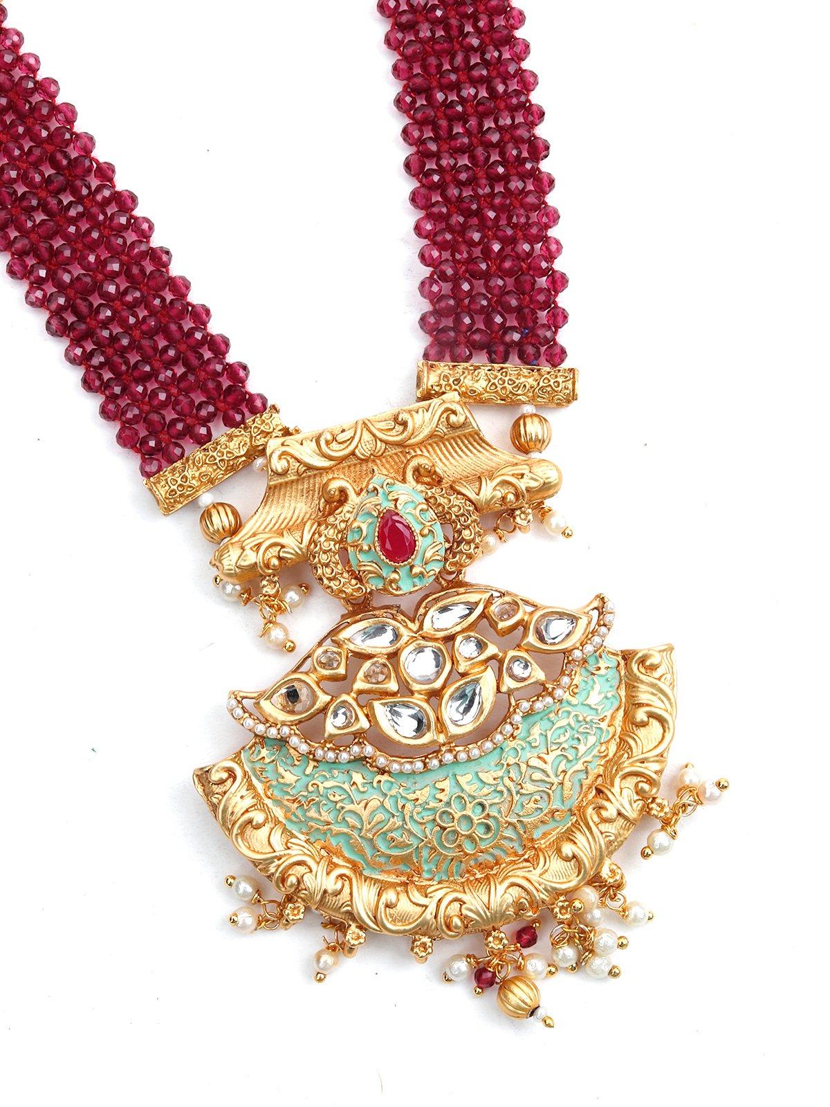 Maroon Onyx and White Pearl Necklace Set - Rajwada