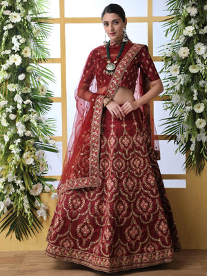 Maroon Sequins Art Sillk Lehenga Set - Rajwada