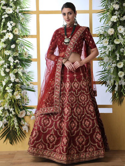 Maroon Sequins Art Sillk Lehenga Set - Rajwada