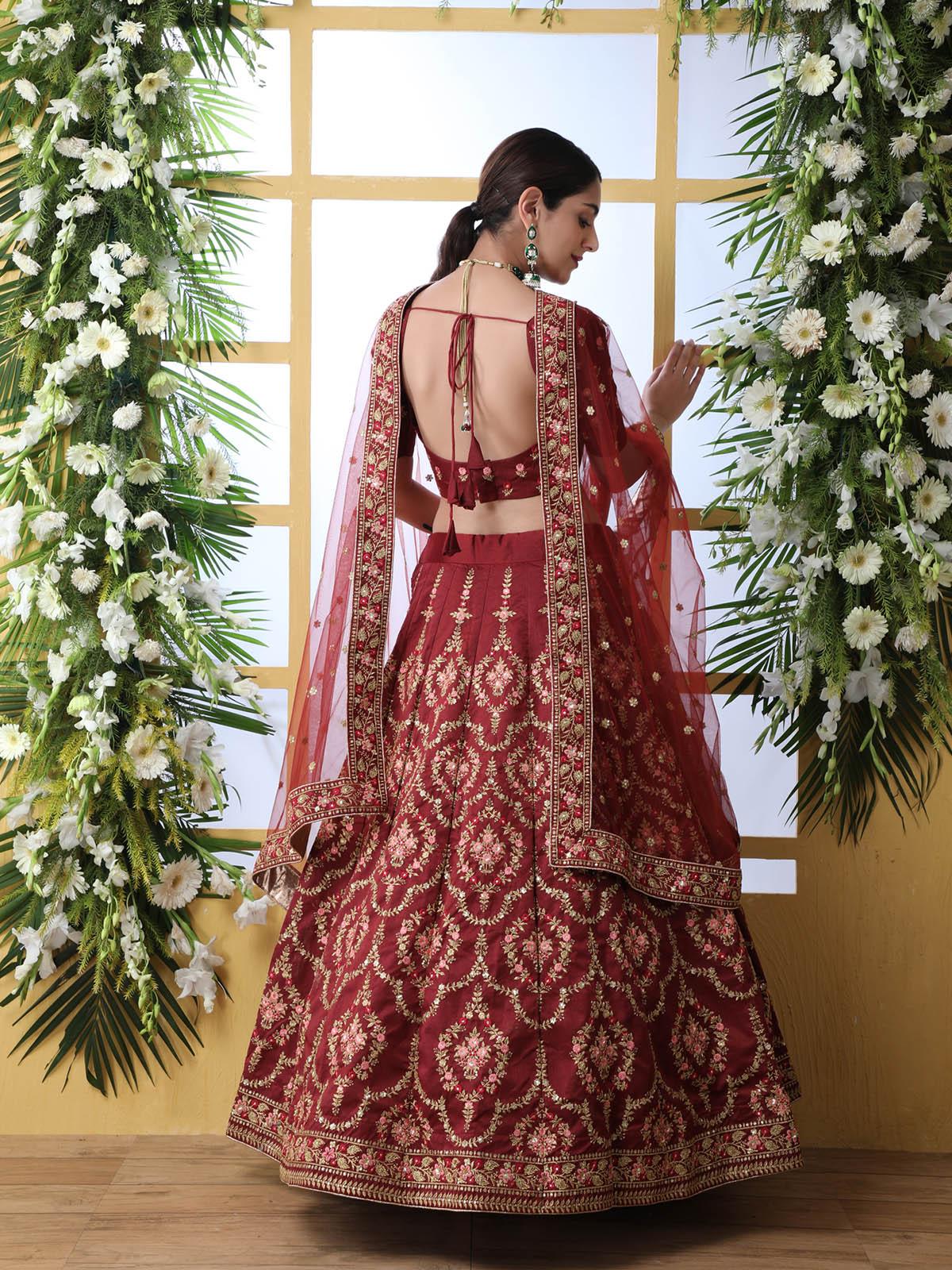 Maroon Sequins Art Sillk Lehenga Set - Rajwada