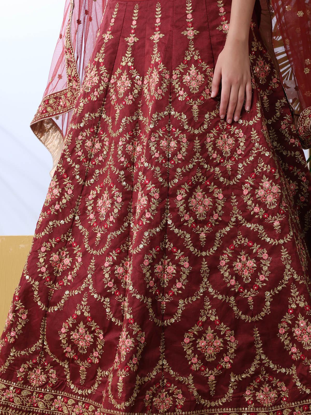 Maroon Sequins Art Sillk Lehenga Set - Rajwada