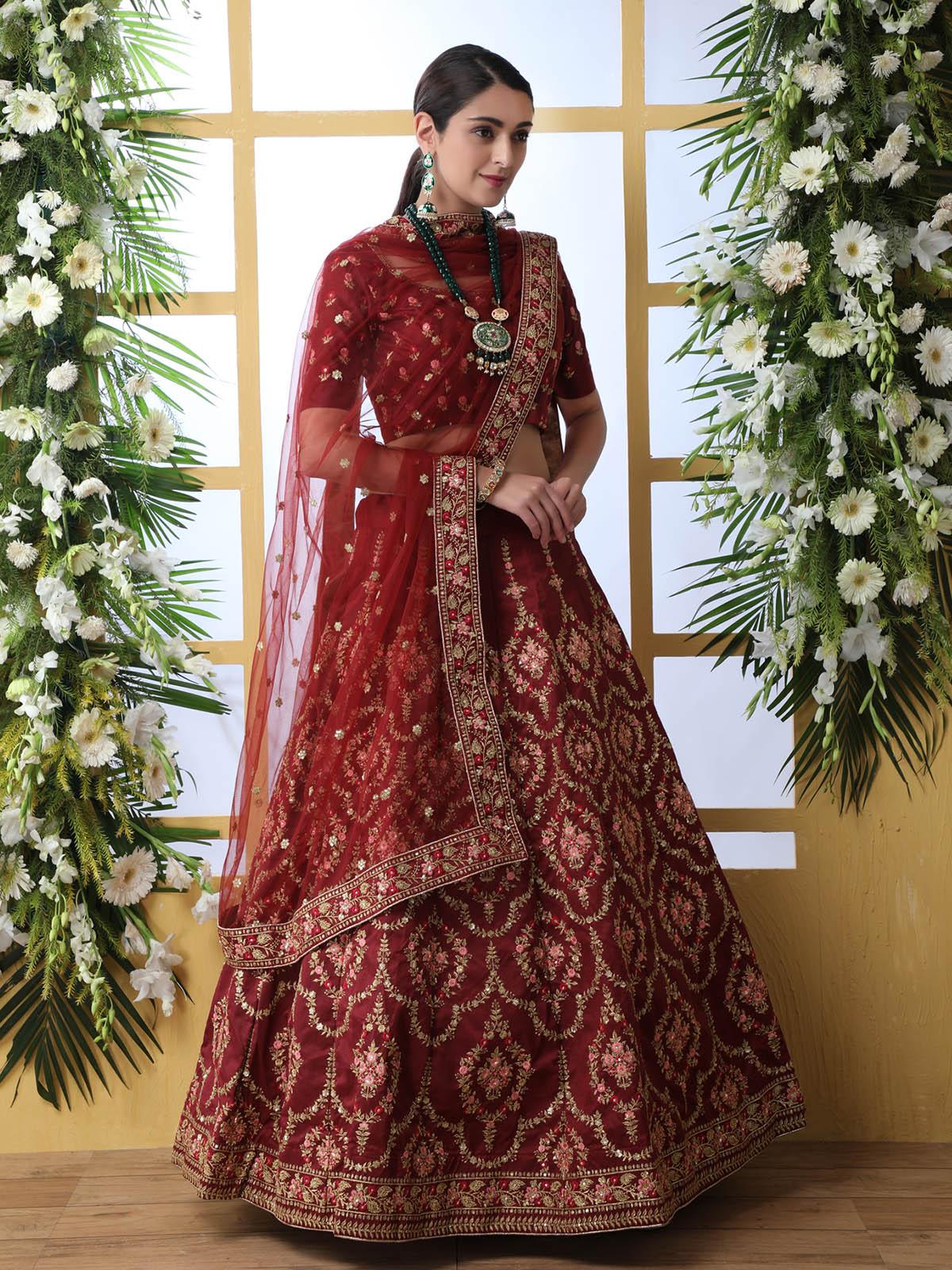 Maroon Sequins Art Sillk Lehenga Set - Rajwada