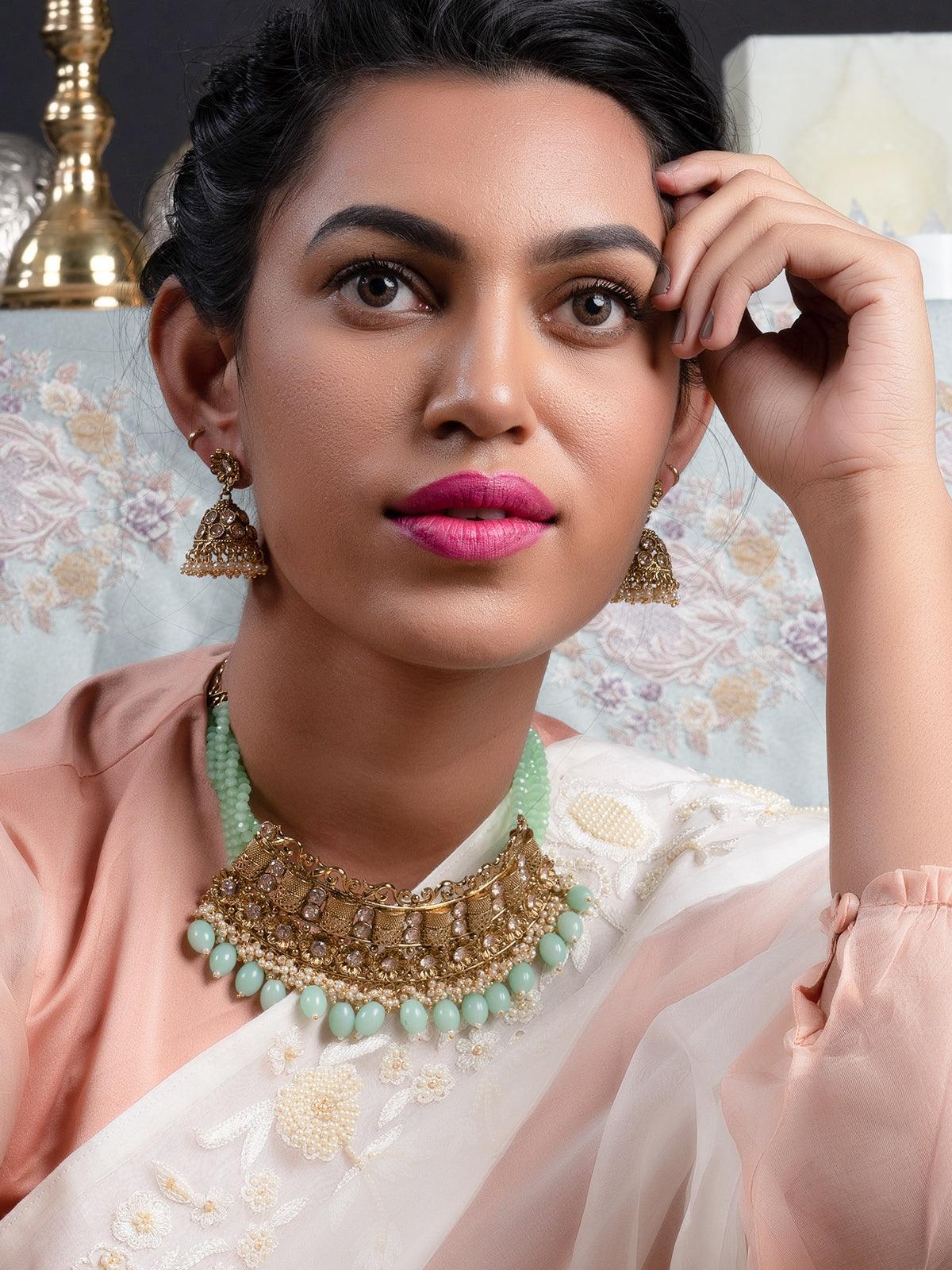 Matte Finish Gold Tone Mint Green Onyx-Mani Choker Set - Rajwada