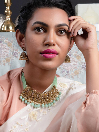 Matte Finish Gold Tone Mint Green Onyx-Mani Choker Set - Rajwada