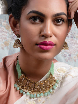 Matte Finish Gold Tone Mint Green Onyx-Mani Choker Set - Rajwada