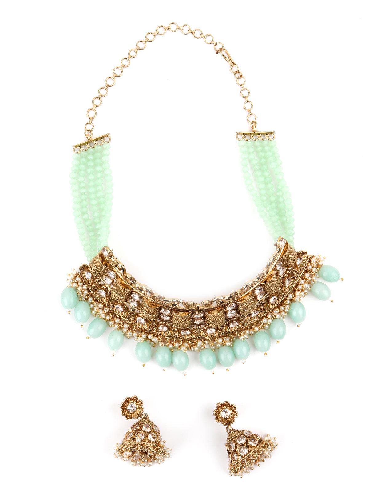 Matte Finish Gold Tone Mint Green Onyx-Mani Choker Set - Rajwada