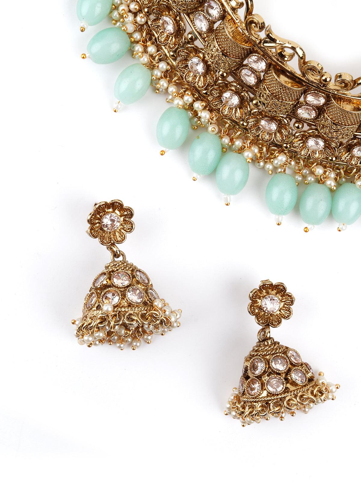 Matte Finish Gold Tone Mint Green Onyx-Mani Choker Set - Rajwada