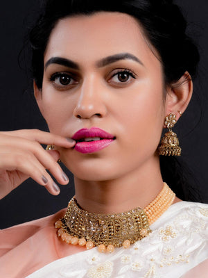 Matte Finish Gold Tone Peach Onyx-Mani Choker Set - Rajwada